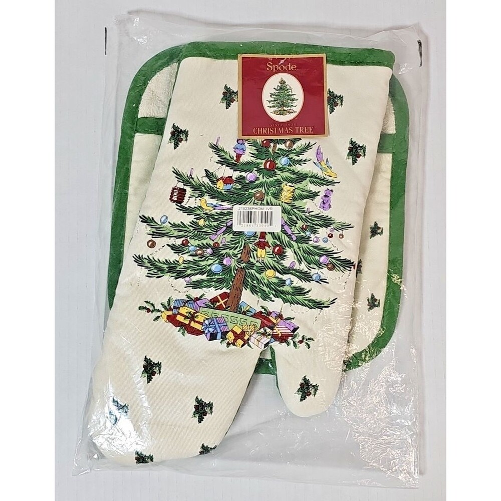 Spode Christmas Tree Pot Holder Oven Mitt Set NEW Holiday Hot Pad Terry Lined